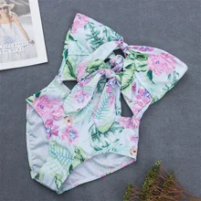 Бикини с цветочным узором и узлом,, с принтом, с высоким вырезом, сдельный купальник, без бретелек, Женский бандо, сексуальный купальник, Женский Монокини, купальный костюм