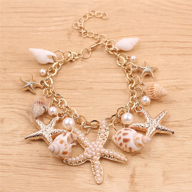 

2019 Jewelty Starfish Shell Conch Bohemian Fashion Pearl Chain Bracelet Beach Party Women Charm Jewelry Fashion Romance Gift