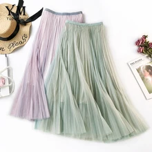 YuooMuoo модная романтическая юбка-пачка из тюля женская элегантная кружевная сетчатая миди юбка Лето Корейская розовая зеленая плиссированная юбка с высокой талией