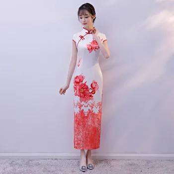 

New White&Red Traditional Chinese Women Dress Ladies' Satin Sexy Formal Qipao Novelty Print Flower Long Cheongsam M-XXXL