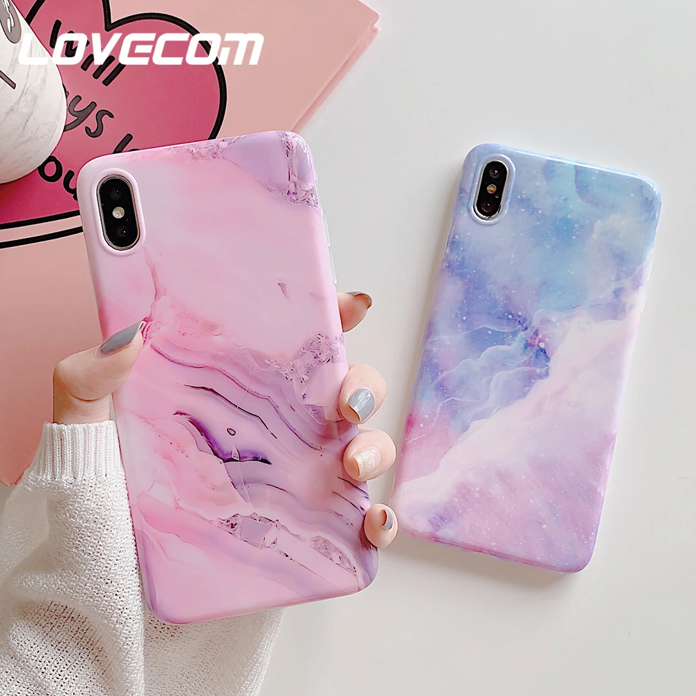 

LOVECOM Purple Pink Marble Case For iPhone XR 7 Case For iPhone XS Max X 6S 7 Plus Cover Soft IMD Full Body Coverage Phone Shell