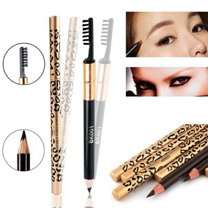 1Pc Durable Brush Comb Eyebrow Pencil Waterproof Leopard Tube Eyebrow Makeup Golden Long-Lasting Waterproof Eyeliner