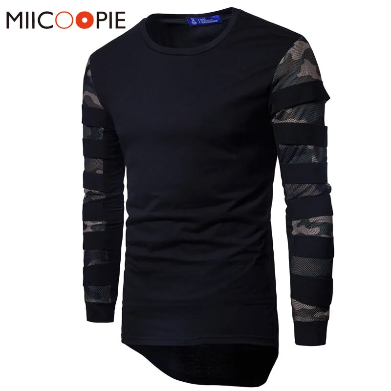 Brand New Camouflage Mesh Stitching T Shirt Men Longline Curved Hem ...