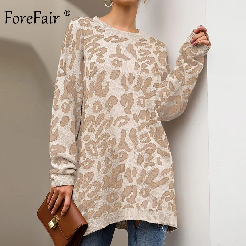 Pаспродажа Forefair, Леопардовый Повседневный свитер выше размера, женский, осень 2019, зимний, вязаный, с животным принтом, размера плюс, свободный, длинный, ...
