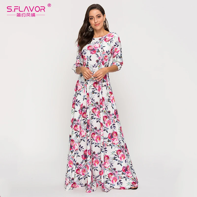 

S.FLAVOR White flower printed o-neck a-line Bohemian dress women Long maxi Slim Autumn Dress robe femme Chic vestido de festa