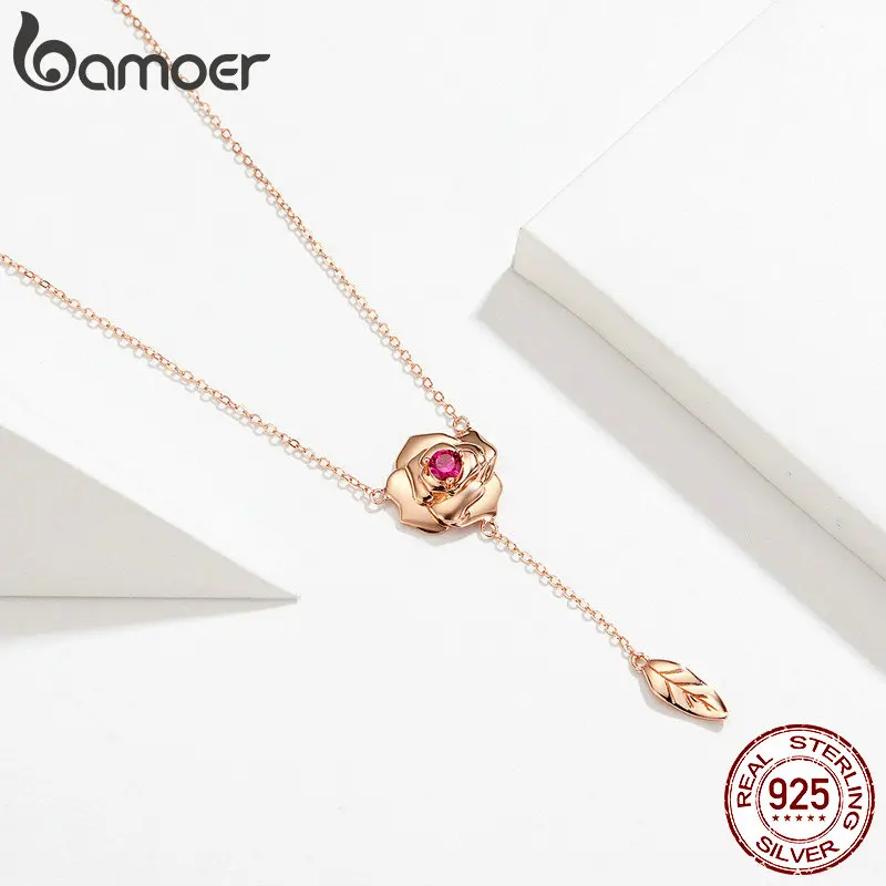 Bamoer, цветочное колье-чокер для женщин, 3D цветок, y-образное короткое ожерелье, розовое золото, 925 стальное кольцо, серебряное ювелирное изделие, BSN068