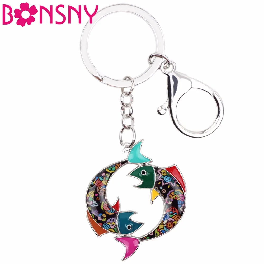 

Bonsny Enamel Twelve Constellations Lucky Zodiac Pisces Key Chain Women Keyring Gift HandBag Charms Car key Purse the Fishs