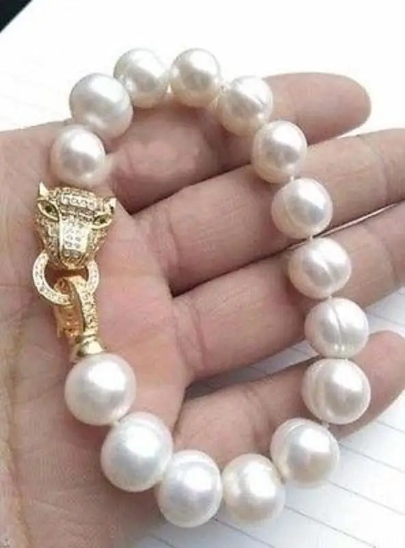 

NATURAL 11-13MM SOUTH SEA BAROQUE WHITE PEARL BRACELET 7.5-8'' Leopard Clasp