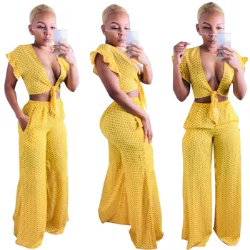

Summer Yellow 2 Piece Suit Women Sexy Flare Sleeve Wide Leg Pants Set Short Deep V-Neck Bow Lace Up Set