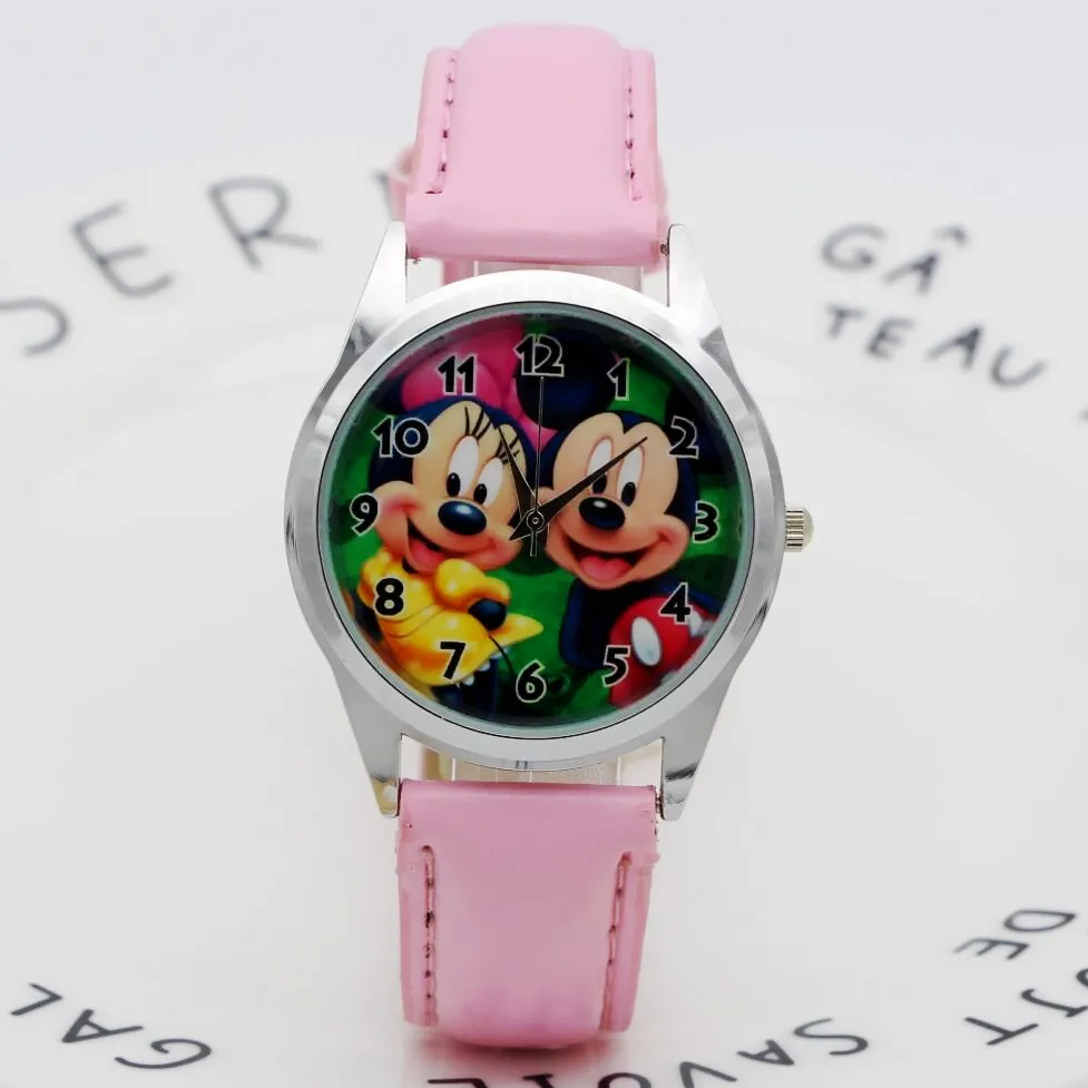 Г. кожаные детские кварцевые наручные часы с Микки Маус из мультфильма «Микки Маус» для мальчиков и девочек - Цвет: pink