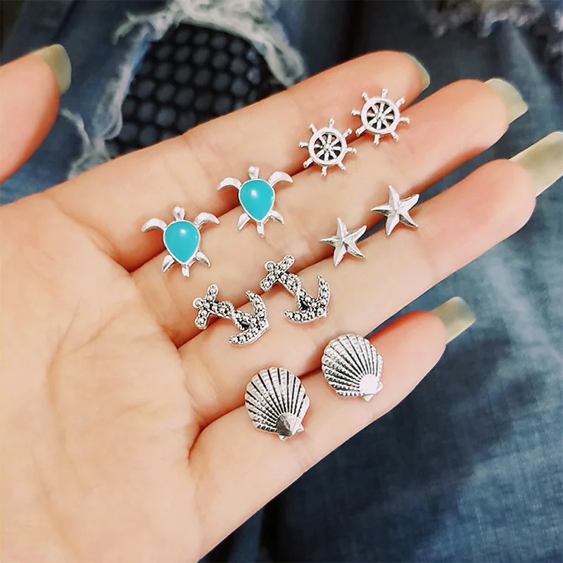 

5 pairs / set Bohemian Women stud Earrings Turtle / Starfish / Shell / Anchor Ancient Silver Earrings Ladies Beach Ear Jewelry