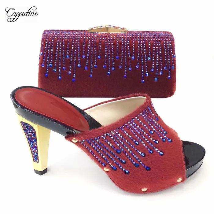 

Latest wine with stones high heel shoes and evening bag set for perfect matching for lady dress T2083-3 ,heel height 12cm