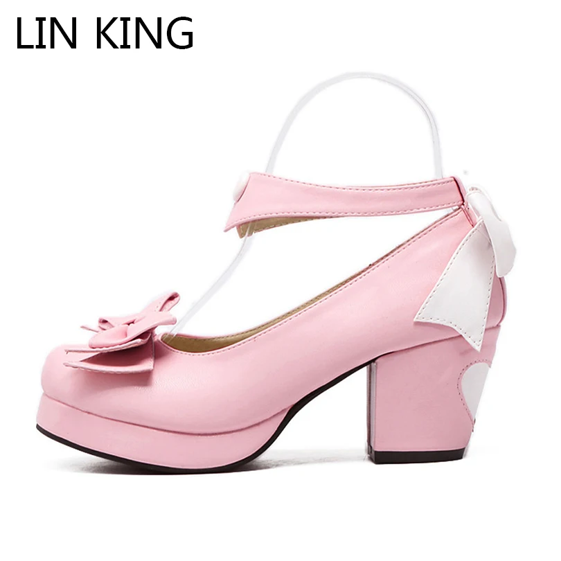 Goede LIN KONING Nieuwe Stijl Lolita Schoenen Cosplay Zoete Bowtie Enkelbandjes Plein Hakken Ronde Neus Pompen Zachte PU Leer All Match schoenen
