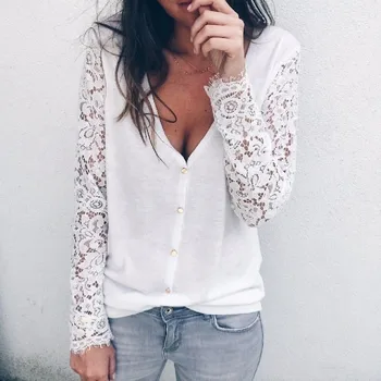 

Women Lace Long Sleeve Autumn Top Blouse 2018 New Fashion White/Black Hollow Out Loose Shirt Ladies Casual V-neck Elegant Blouse