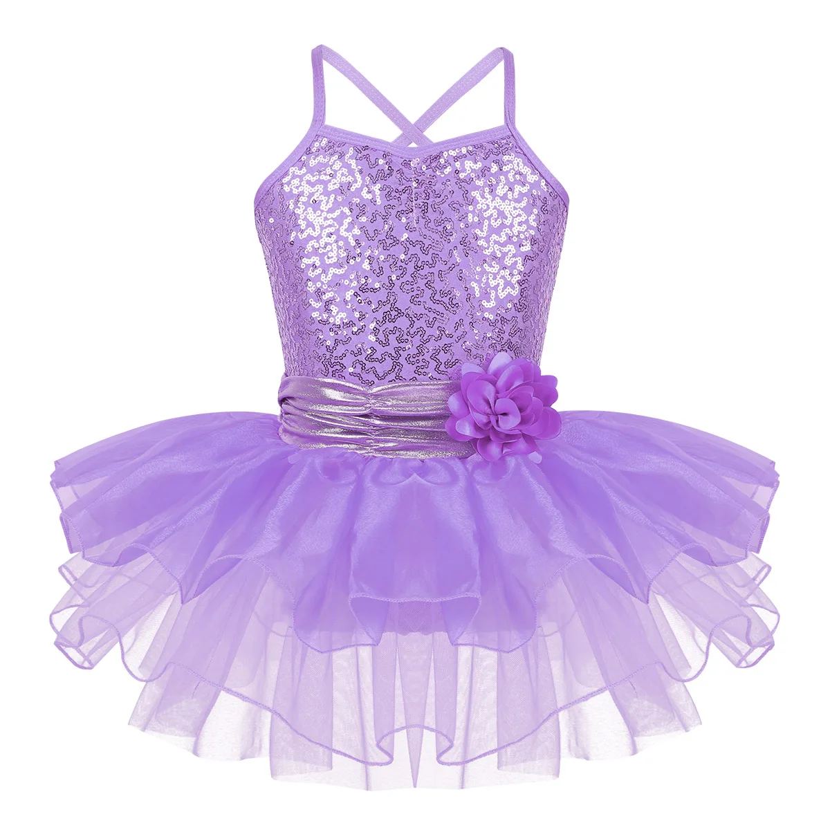 YiZYiF/детское балетное платье для девочек, на бретельках, с блестками, с цветочным ремешком, балетное платье для танцев, гимнастическая танцевальная пачка, платье - Цвет: Lavender
