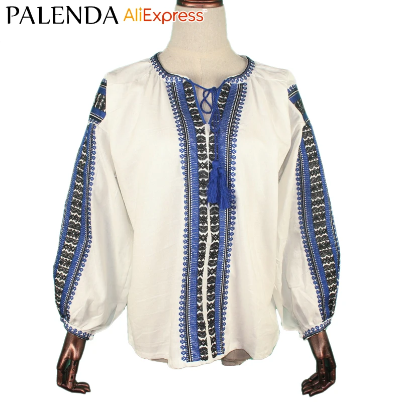 

new bohemian vyshyvanka lantern sleeve o-neck geometric embroidery cotton clothes blue red color