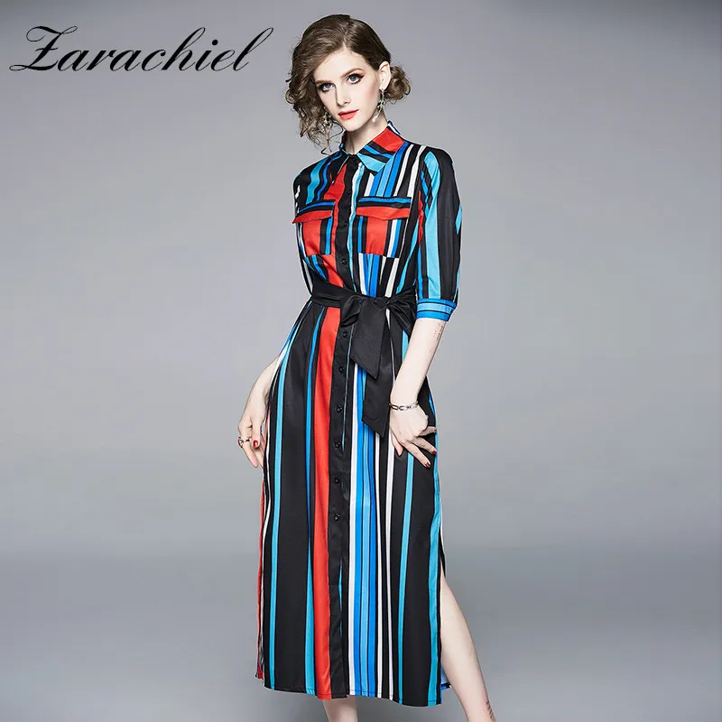 

Vintage Vertical Striped Shirt Dress 2019 Summer Women Fall Casual Sashes Stripe Print Pocket Button Down Side Split Long Dress