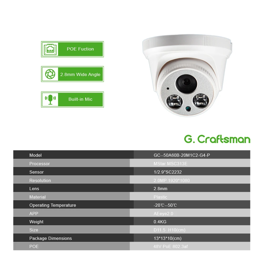 G. Craftsman аудио 1080P POE Full-HD IP камера 2,8 мм широкий угол 2MP купольная инфракрасная камера ночного видения CCTV видеонаблюдение Безопасность