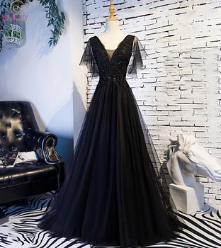 

Black Prom Dresses 2019 Tulle Appliques Beading Sequined Illusion Short Ruffles Sleeves A-line Lace-up V-neck Evening Dresses