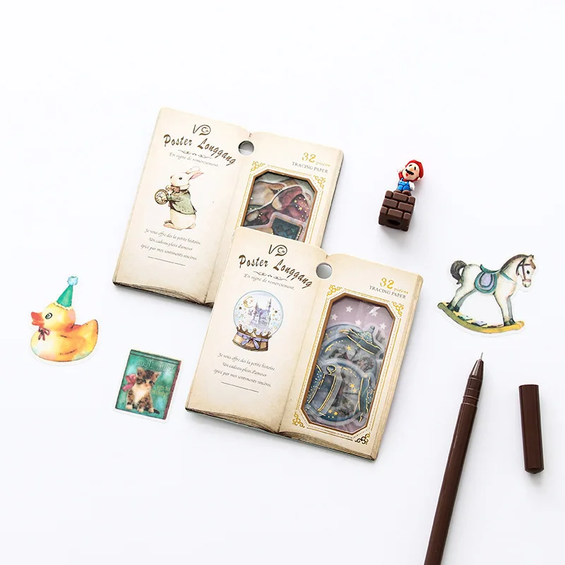 

32PCS/Pack Creative Cute Retro Children Stationery Decorative Diary Label Pack Decorative Scrapbooking PVC DIY Stickers