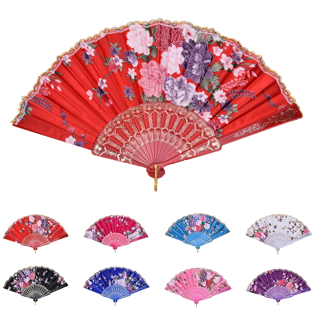 8 Colors Plastic Lace Silk Flower Dance Fans Chinese Vintage Fancy