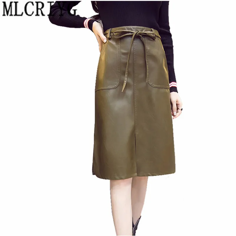

2019 Autumn Winter Women Skirts Midi PU Faux Leather Skirt With Pockets Sexy A-line Package Hip High Waist Women Clothing YQ171