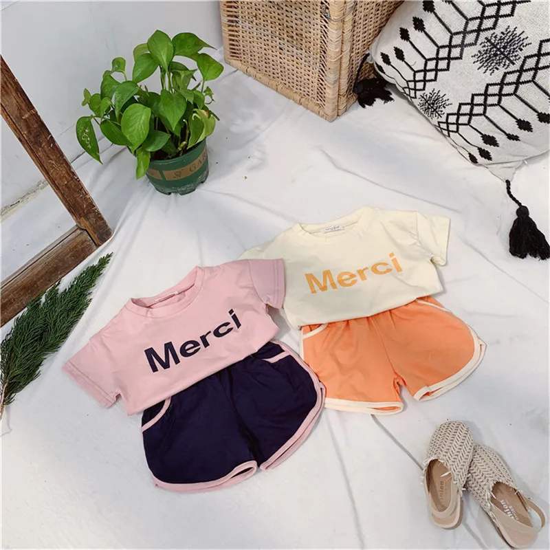 

Cotton baby girl set summer children clothing sets short sleeve tshirt+shorts girls sport suit for kids 2pieces tracksuit