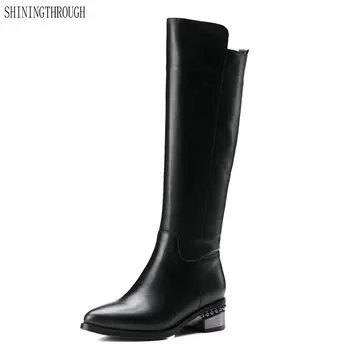 

Genuine leather Knee High Boots woman low Heels Black western Boots poined Toe 2019 Autumn Winter Botas Women Shoes size 34-43