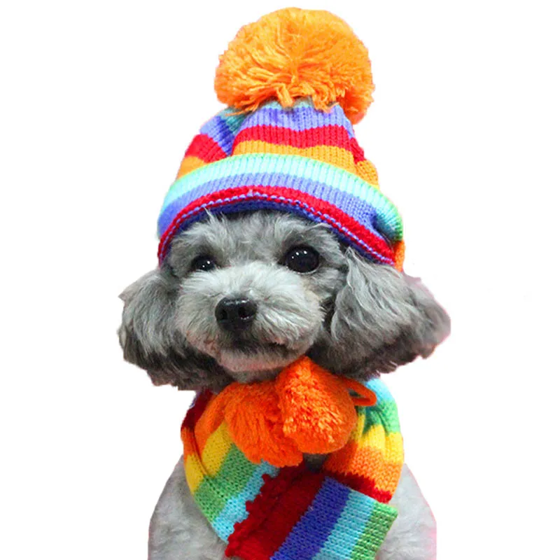 Sqinans 3pcs/set Winter Warm Dog Hat Knitted Scarf Socks Fashion Striped Pet Caps Puppy Neck Scarf Socks Christmas Pet Grooming - Цвет: Rainbow
