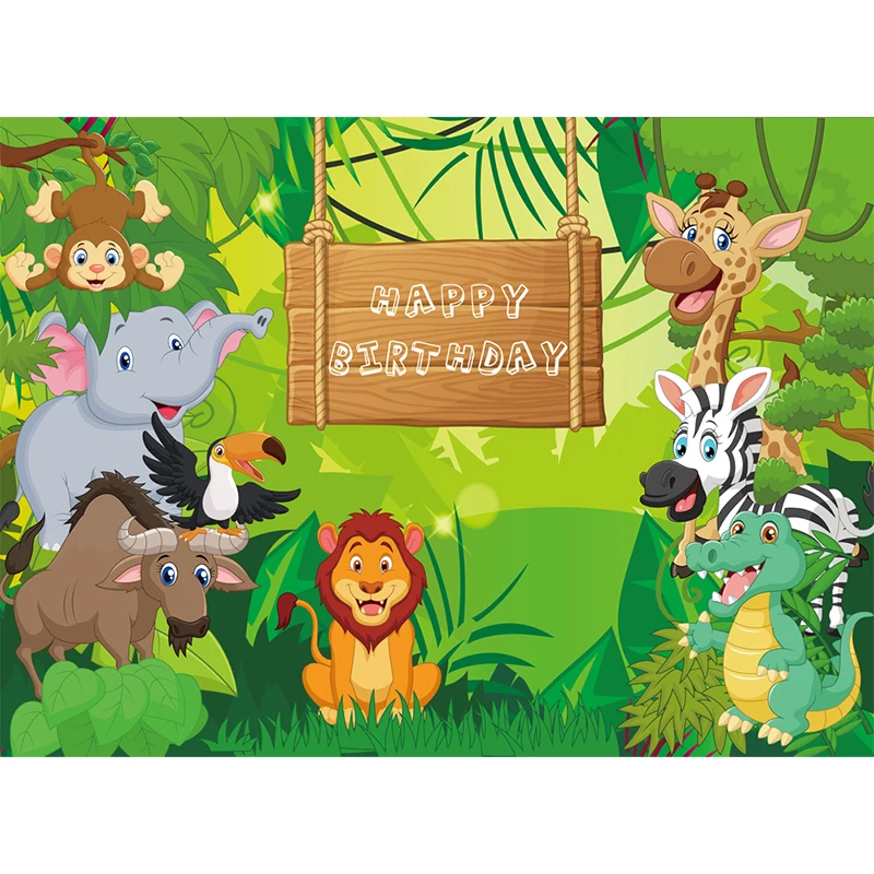 

HUAYI custom birthday stage backdrop for Jungle safari Theme party zoo wild background Newborn Baby Animals Photo Booth W-656