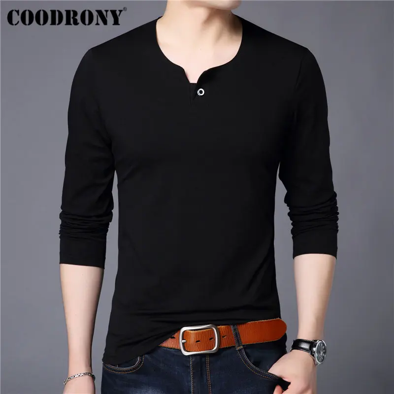 COODRONY уличная Футболка с воротником и пуговицами, мужская повседневная футболка с длинным рукавом для мужчин, хлопковая Футболка Homme, Приталенная футболка 95014
