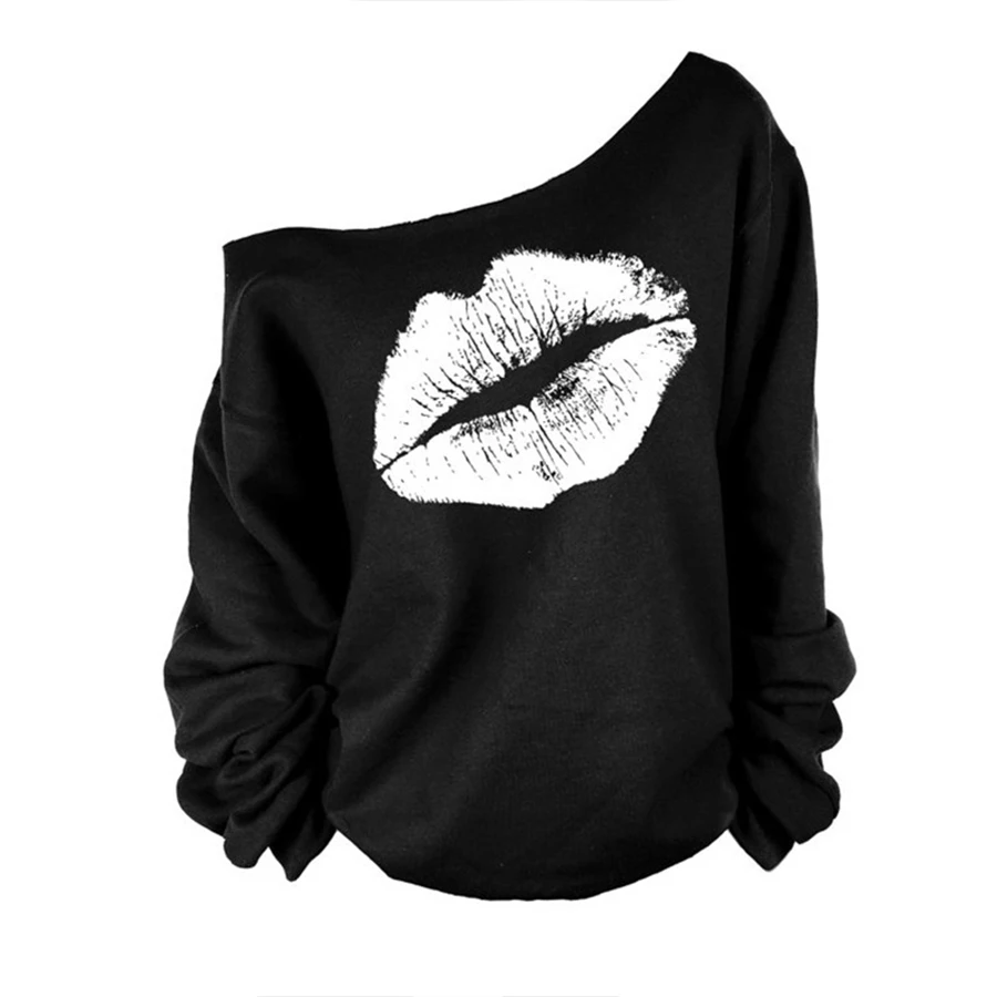  DICLOUD 2018 Plus Size Women Sweatshirts Sexy Red Big Lips Printed Pullovers Off Shoulder Long-Slee