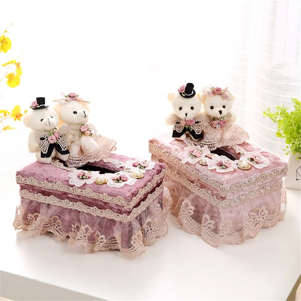 High-end Lace Fabric Tissue Box Holder Couple Bear Wedding Table Decoration Tissue Box Cover Case Napkin Dispenser Storage Box