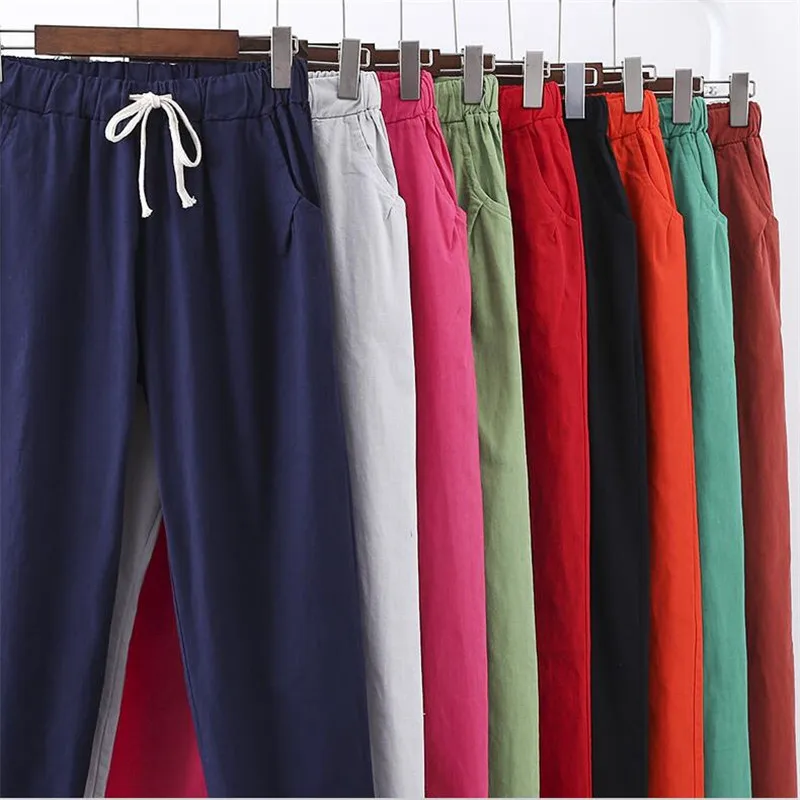 Pantalones pitillo de talla grande para mujer, pantalón de lino y algodón, informales, finos, con cordón, con bolsillos, para primavera y verano, 10 colores, M-7XL
