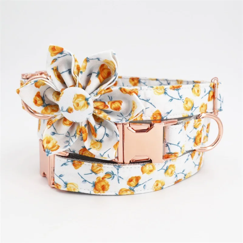 girl dog collar and leash set with flower for big and small dog cotton fabric collar rose gold metal buckle
