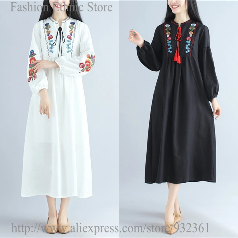 

Women Summer Spring Long Sleeve boho Long Dress Vintage Embroidery Womens Dresses vestido mujer verano robe longue