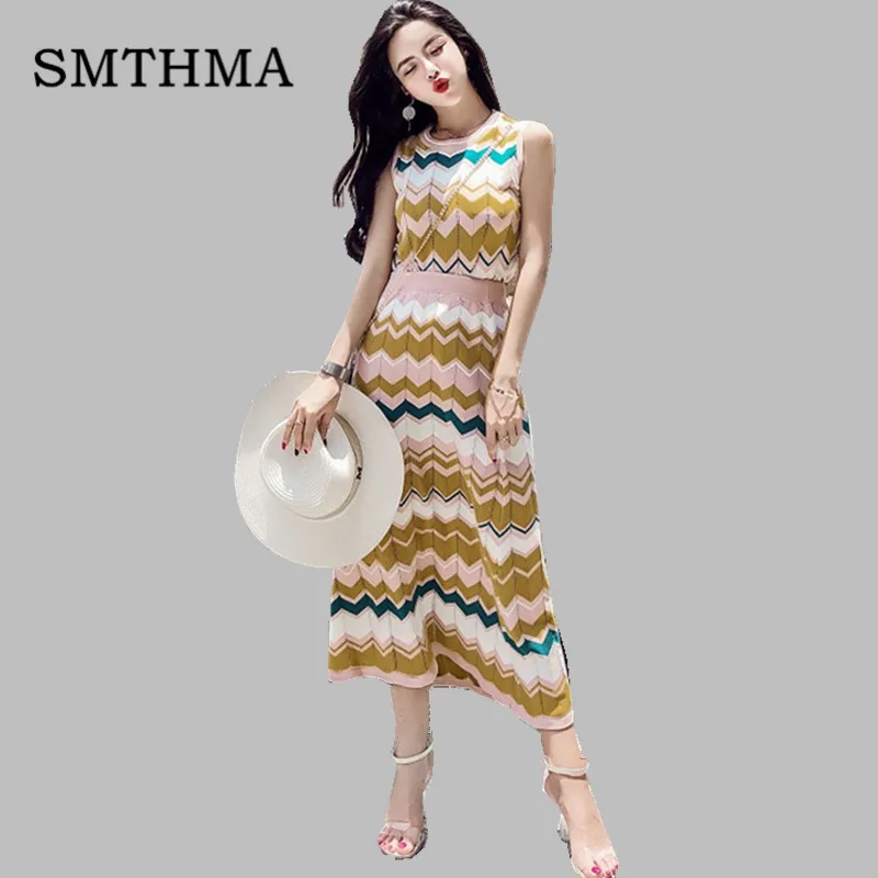 

2019 New Style Sleeveless Colorful wavy Sweater Top +2pcs Casual Knitting Suits Women Trendy Spring Set