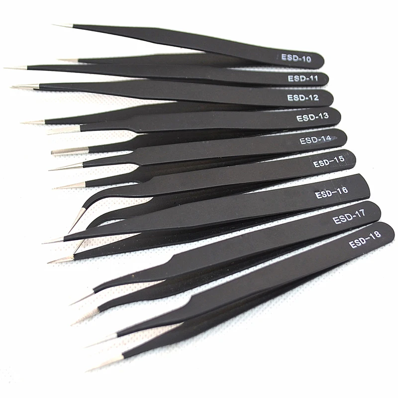 

9Pcs Anti-static ESD Stainless Steel Tweezers Maintenance Tools Industrial Precision Curved Straight Tweezers Repair Tools