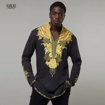 

Kureas Men African Print Shirts Dashiki Long Sleeve Tops Stand Collar Fashion Casual Slim Fit Black Golden Africa Clothes