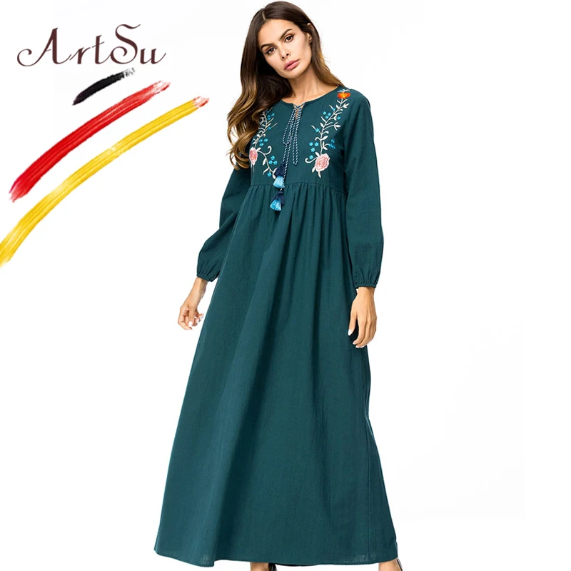 Арцу Осень Весна Платье макси с длинным рукавом женское винтажное цветочное вышитое этническое Платье зеленое ТРАПЕЦИЕВИДНОЕ Jurken размера плюс