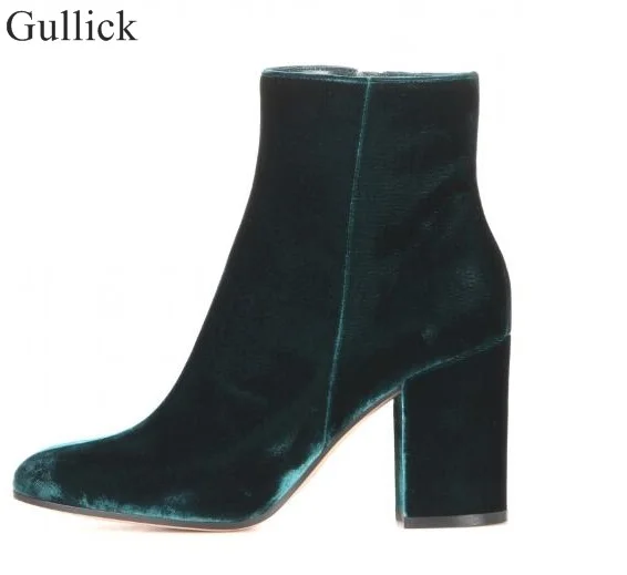 

Velvet Round Toe Woman Ankle Booties 2017 Autumn Winter Chunky Heels Woman Fashion Short Boots Blue Green High Heels Dress Shoes