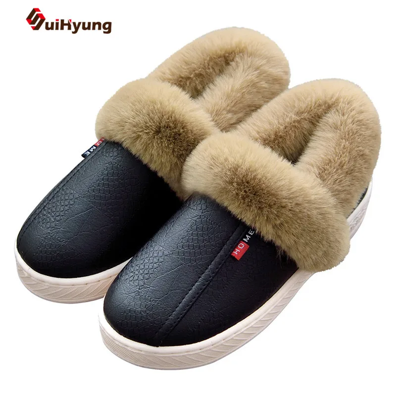 

Suihyung Winter Men's Indoor Shoes PU Leather Thick Plush Warm Cotton Shoes Thick Bottom Non-slip Home Bedroom Floor Slippers