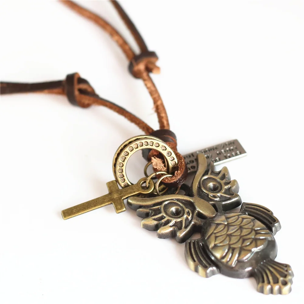 

Brown Genuine Leather Sweater Chain Cowboy Long Punk Vintage Bronze Hoops Cross Big Owl Pendant Men Necklace Women Homme Jewelry