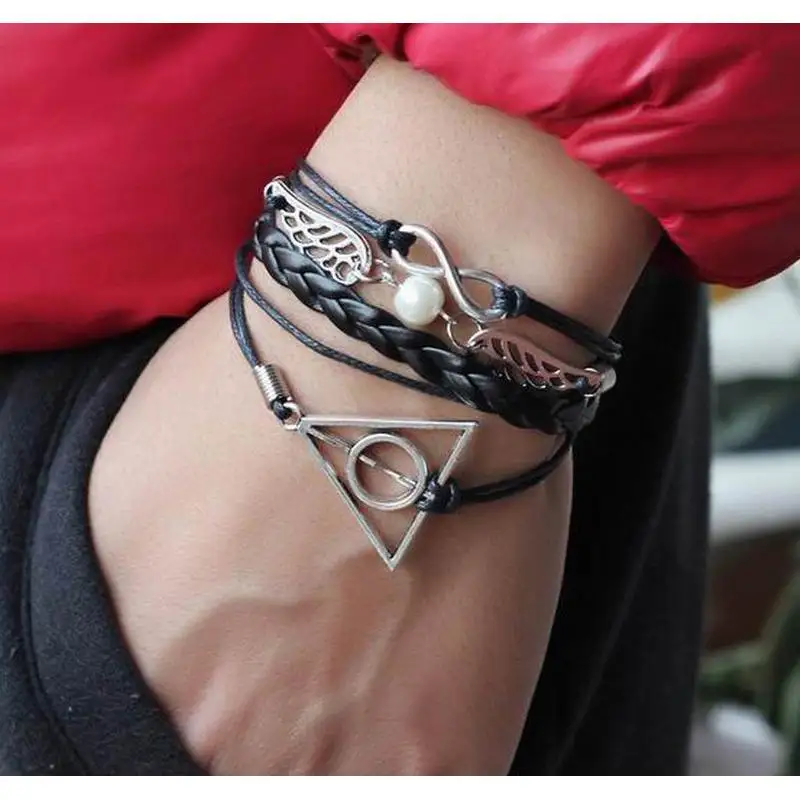 

Europe Stylish Leather Bracelets & Bangles Big Triangle Cross Wings Infinite Big mitation pearl Bracelets For Woman Gift CB270