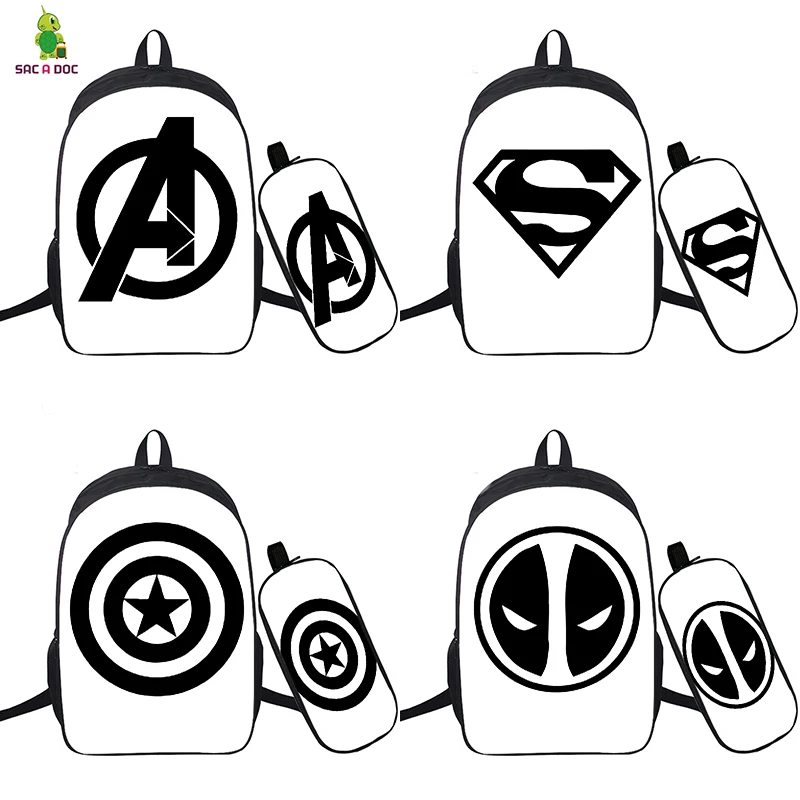 

16 Inch USB Charging Backpacks Superhero Kids School Bags for Girls Boys Superman/spiderman Teenagers Travel Backpack 2pcs/set