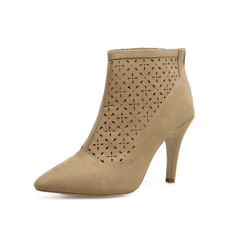 

2019 autumn and winter hollow pointed fine with foreign trade models frosted high heel beige 0216