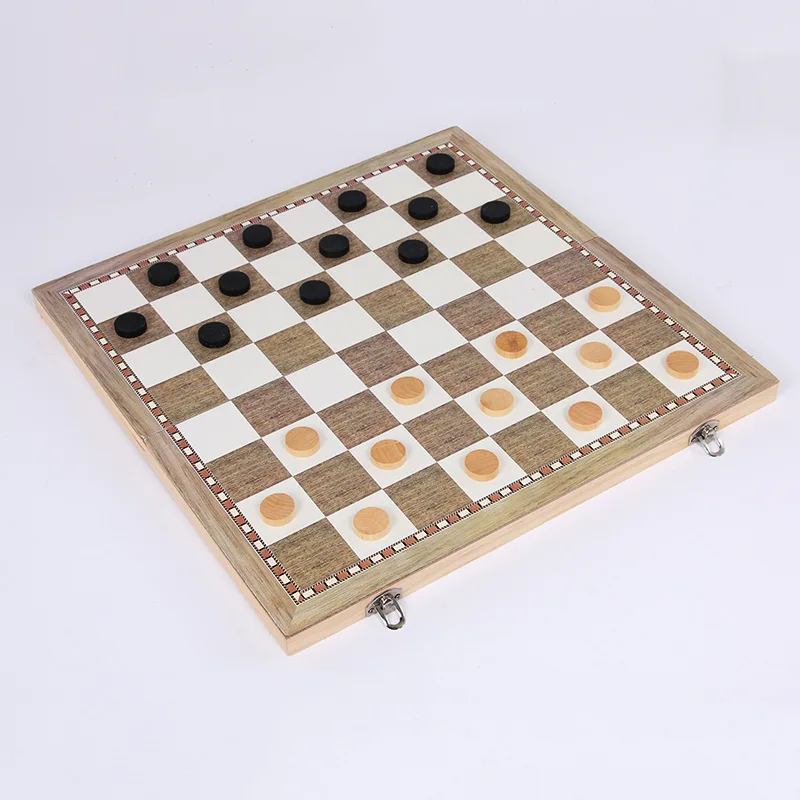 3-in-1 Function Wooden International Chess Checkers Set Board Game Foldable Portable Kids Gift