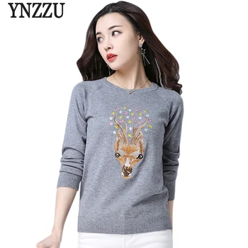

YNZZU Korean Deer Embroidery Christmas Sweater Women 2018 Winter Sweet White Female Pullover Knitwear Jumper High Quality YT451