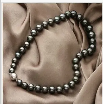 

Jew3116 stunning 10-11mm tahitian round black green pearl necklace (A0511)