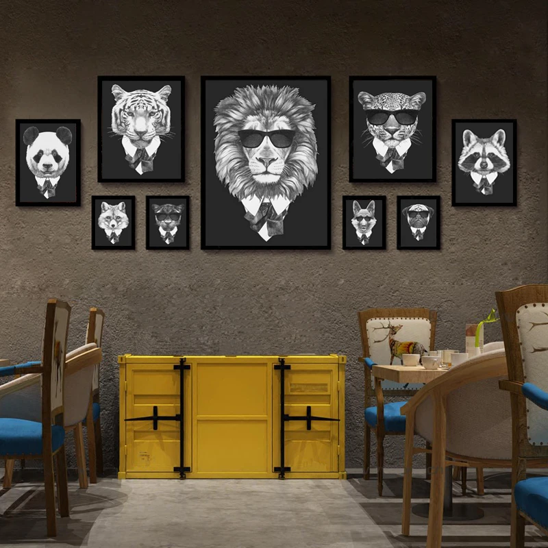 

Black and White Fashion Sunglasses Animals Mafia Lion Tiger Canvas Painting Clothes Dog Cat Poster Wall Pictures Prints Decor